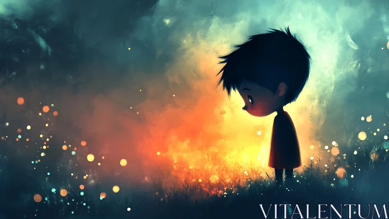 Small child studies glowing field under moody twilight sky