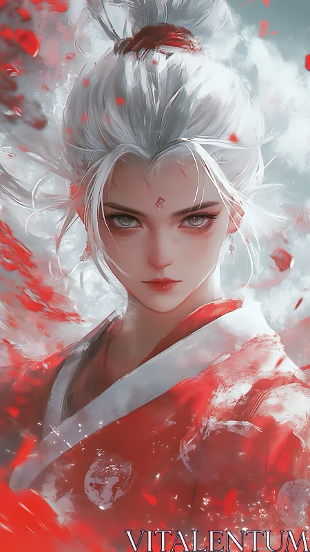 White haired warrior woman in red kimono portrait