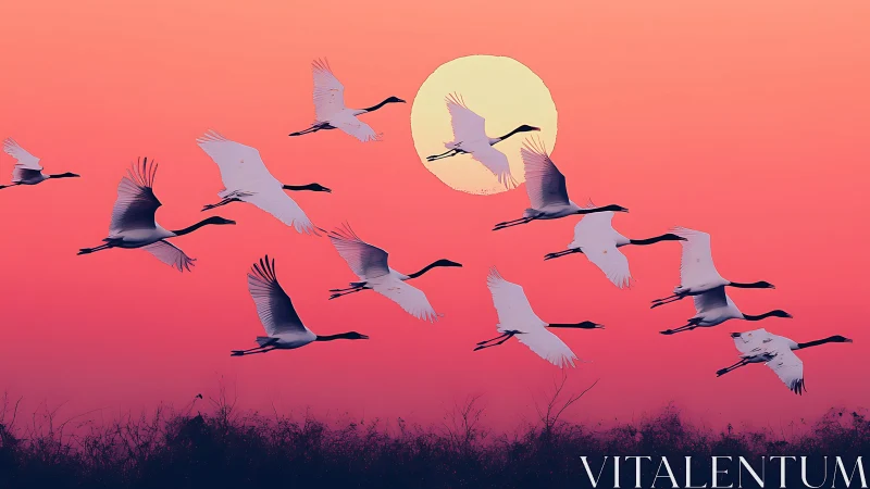 Migrating cranes in flight against vivid sunset sky.