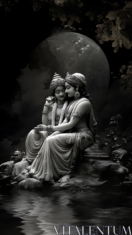 Divine lovers rest beneath a luminous full moon in grayscale.