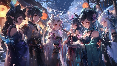 Anime night festival ensemble with ornate fantasy kimonos.