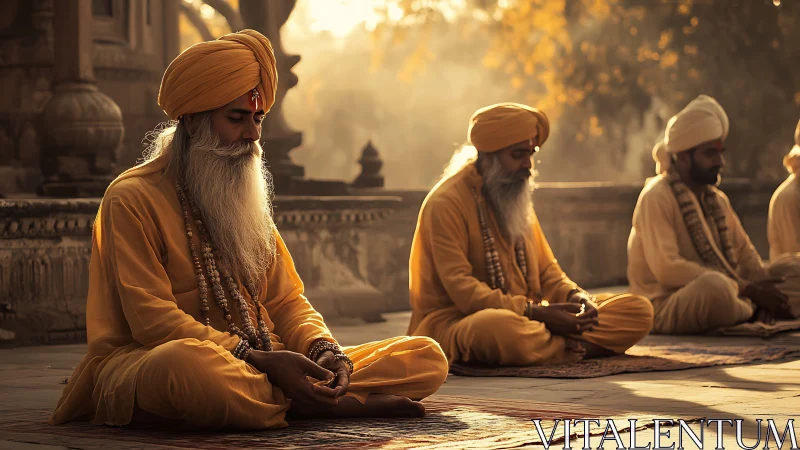 Saffron-robed elders in sunrise meditation on stone terrace