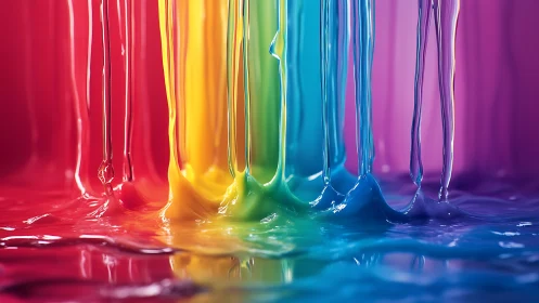 Vertical streams of glossy rainbow paint flow onto surface