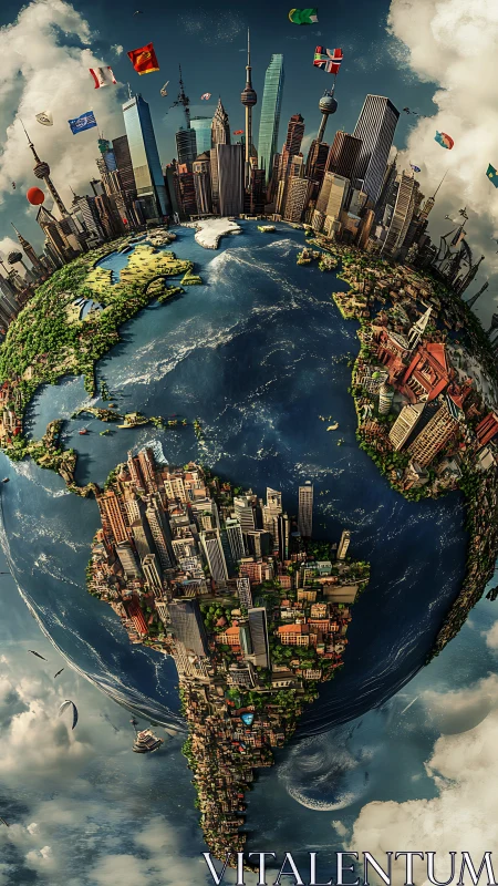 Dense global city skyline wrapped around planet Earth.