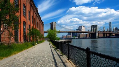 Brooklyn waterfront path meets bridge and skyline view.