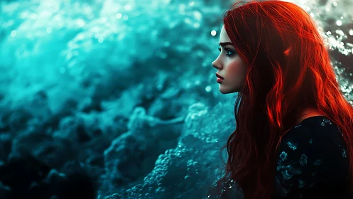 Profile view shows red haired woman near abstract blue water
