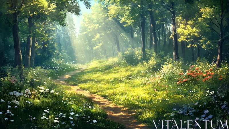 Sunlit Forest Pathway with Atmospheric Radiance and Layered Botanical Composition