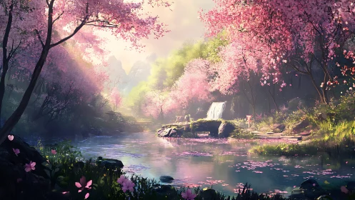 Blossoming riverside sanctuary glows under soft spring light