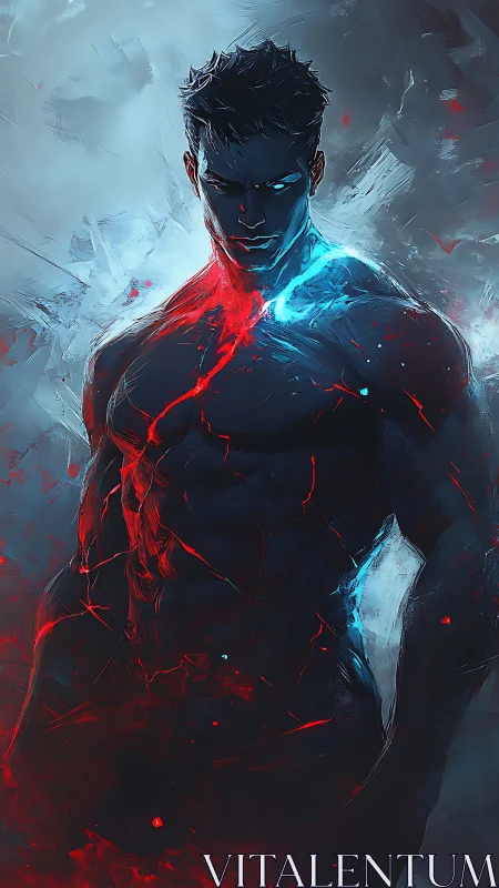 Elemental warrior with split red blue energy core.