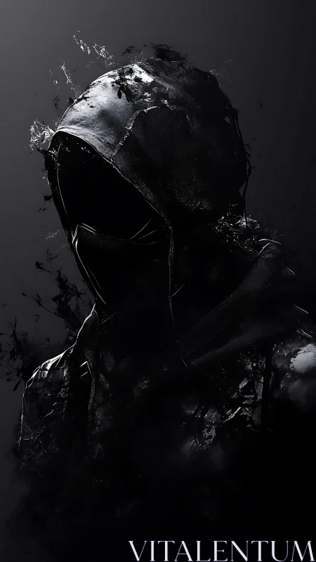 Hooded shadow figure dissolves into abstract darkness.