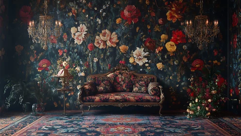 Romantic floral parlor with vintage sofa and chandeliers.