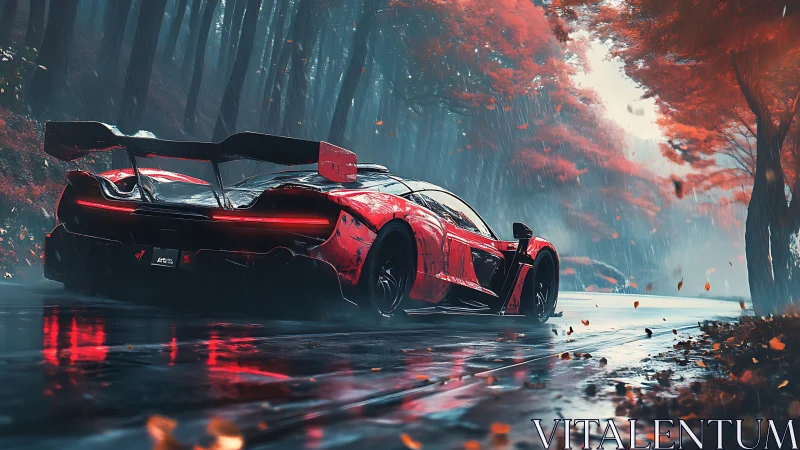 Digital painting of red hypercar on wet autumn forest road.