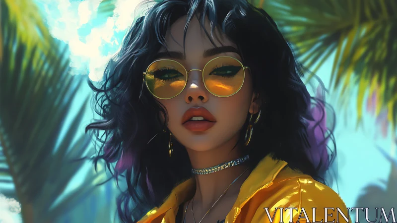 Tropical portrait of woman in yellow lenses under palm canopy