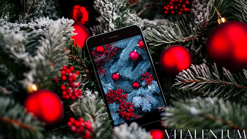 Smartphone in red Christmas ornaments and frosted fir branches.