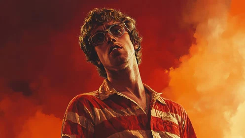 Retro striped-shirt portrait amid blazing orange clouds.