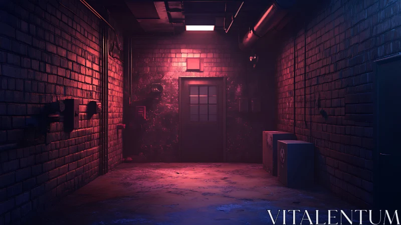 Moody industrial hallway glows in soft neon pink and blue