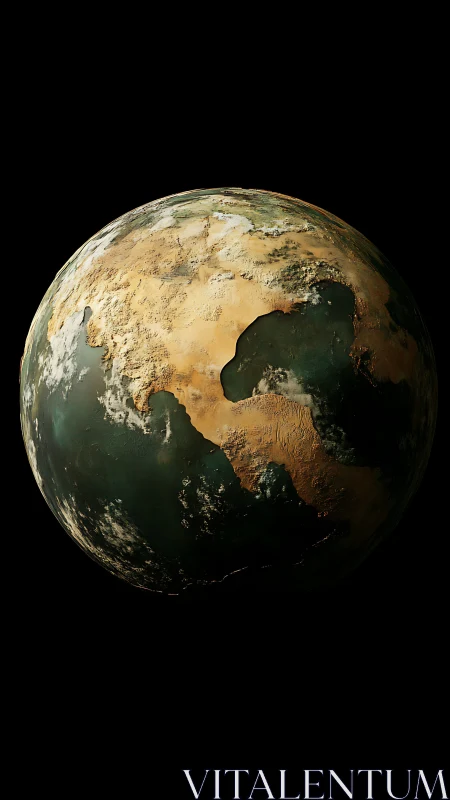 Rendered terrestrial planet with arid landmasses and seas.