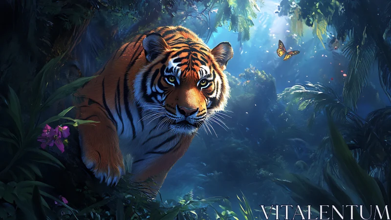 Jungle dusk tiger prowls through sapphire light and silence.
