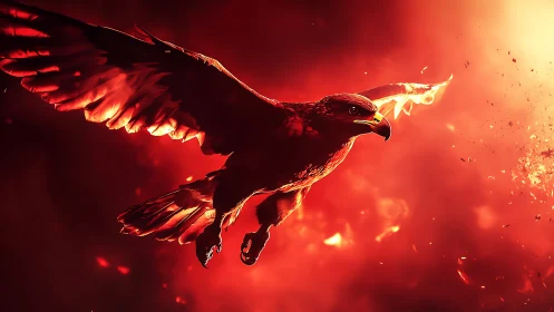 Majestic eagle in flight over fiery background, digital art style.