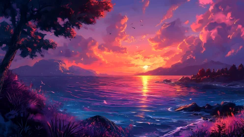 Dreamy coastal sunset washed in violet and gold light.