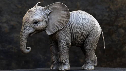 Baby elephant model stands in profile against dark backdrop