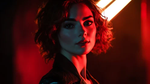 Woman stands in red neon light with strong side lighting