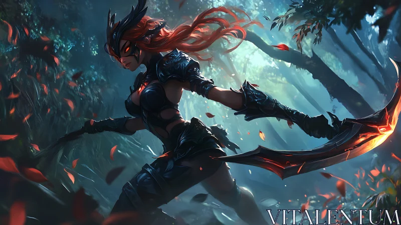 Masked forest warrior lunges with blazing crimson blade.