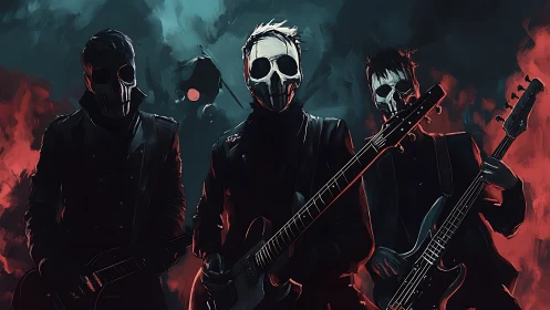 Masked rock musicians stand with guitars in stylized lighting