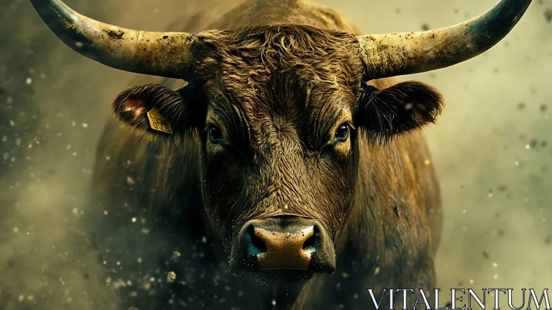 Front-facing bull stands amid airborne dust particles