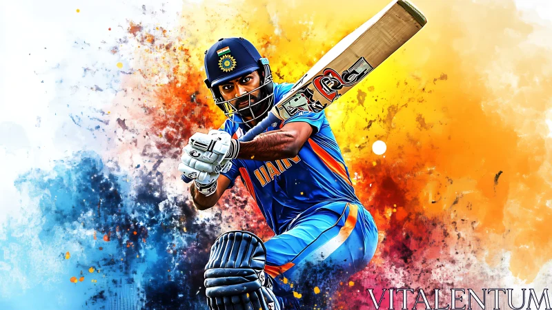 Dynamic cricket batsman rendered with splatter gradients and motion