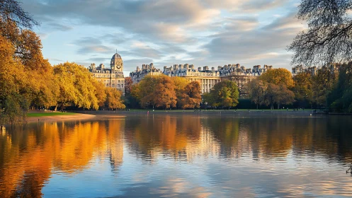Autumnal urban lakeside with clocktower skyline reflection.