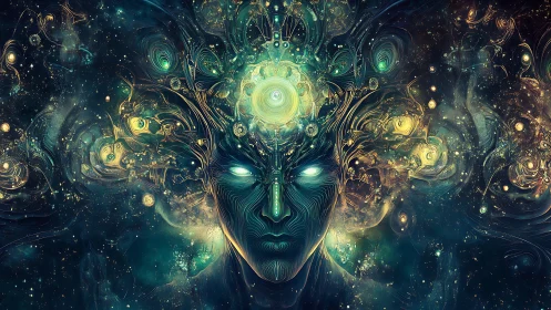 Cosmic dreamer bathed in swirling galaxies of thought.