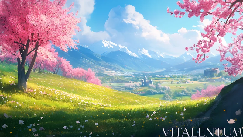 Digital painting landscape with cherry trees and alpine vista.