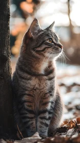 Tabby Cat Perched Against Textured Bark, Gazing Upward