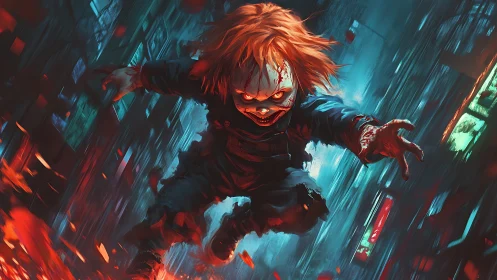 Killer doll lunges forward in stylized neon city alley