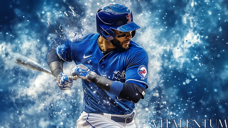 Kinetic baseball batter in blue uniform amid dynamic particle burst.