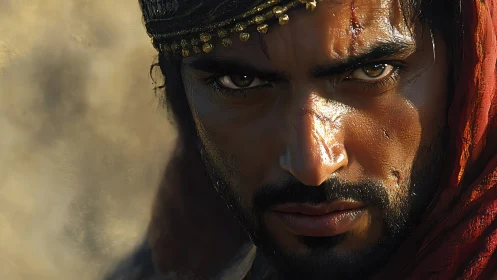 Battle-worn desert warrior portrait with hyperreal lighting.