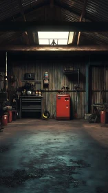 Dim workshop interior shows tools, red cabinet and wet floor