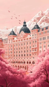 Grand pink palace rises amid cherry forest and snowy peaks.