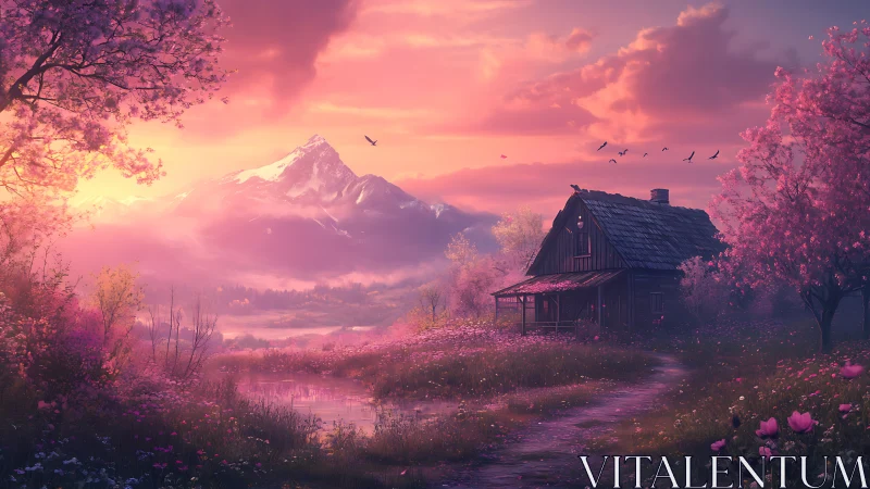 Sunlit alpine cottage framed by blossom fields at dusk