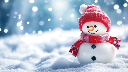 Cheerful snowman in red knit hat amid glittering snowfall.