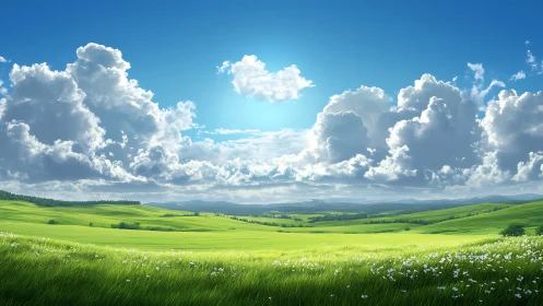 Sunlit green meadows roll beneath towering summer clouds.