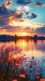 Sunset colors ignite tranquil lake and wildflower shoreline.