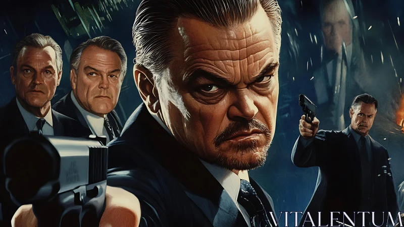 Stylized armed agents advance in tense neo-noir confrontation