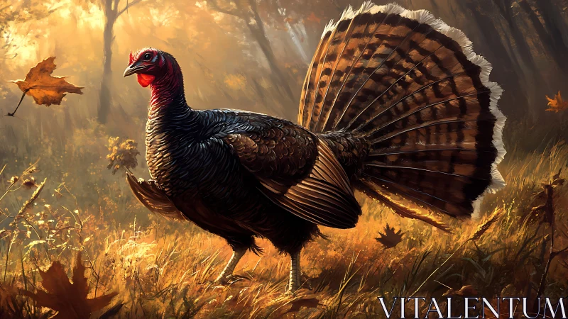 Wild turkey standing in autumn woodland lighted scene.