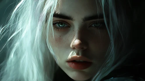 Moody close-up portrait with icy hair and green eyes.
