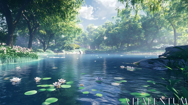 Tranquil forest pond with gentle lilies and soft morning light.