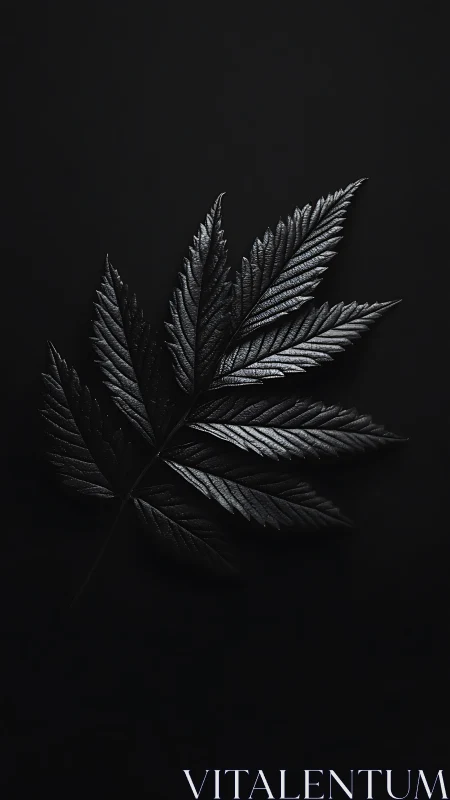 Minimalist macro of metallic black compound leaf on void background.
