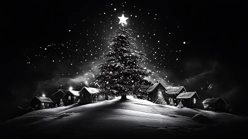 Snowlit Christmas tree crowning a secluded winter village.