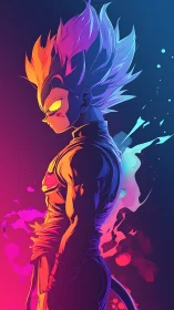 Neon-lit warrior profile in dual-tone anime glow.